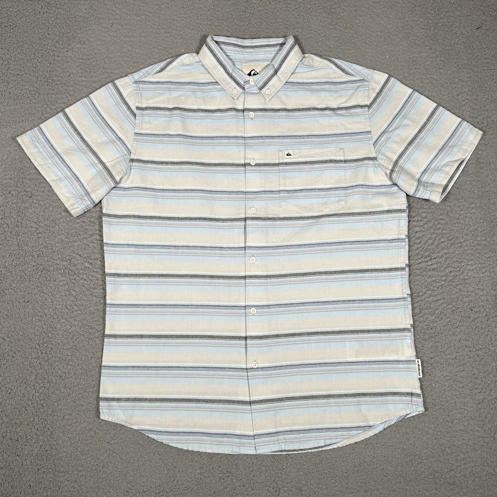Quiksilver Shirt Mens Medium Blue Striped 100% Cotton Button Down Casual Preppy